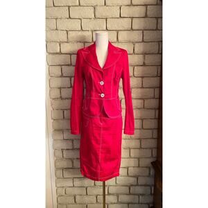 Vintage Women's Red with White Stitching Jacket and Skirt Suit Sime Medium
